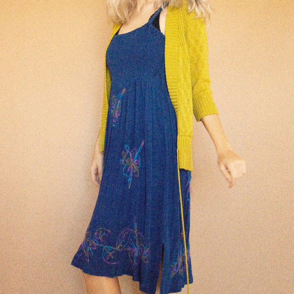90s Rainbow Embroidered Smocked Summer Babydoll Dress